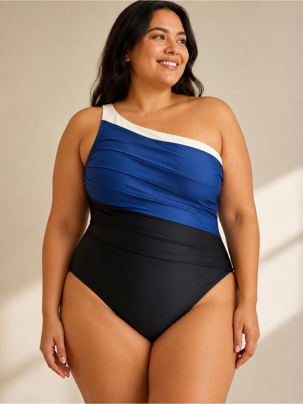 summersalt One-Shoulder Colorblock Swimsuit in Blue/Black/White Sz 22